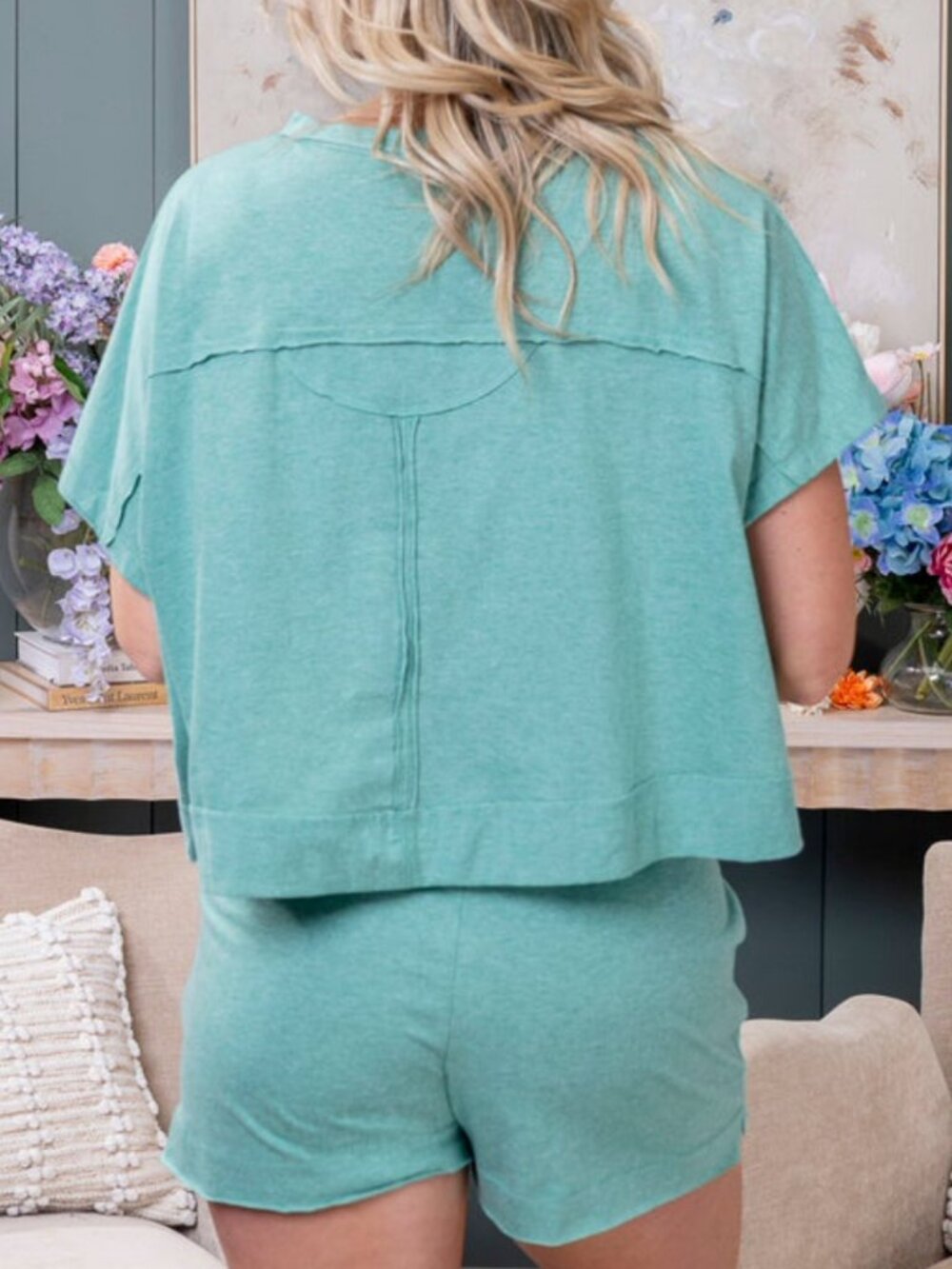 Zenana Exposed Seam Boxy Top and Short Set- Heather Green Color - Picture 2 of 14